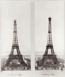 Duas vistas da construção da Torre Eiffel, Paris, 12 de fevereiro e 12 de março de 1889